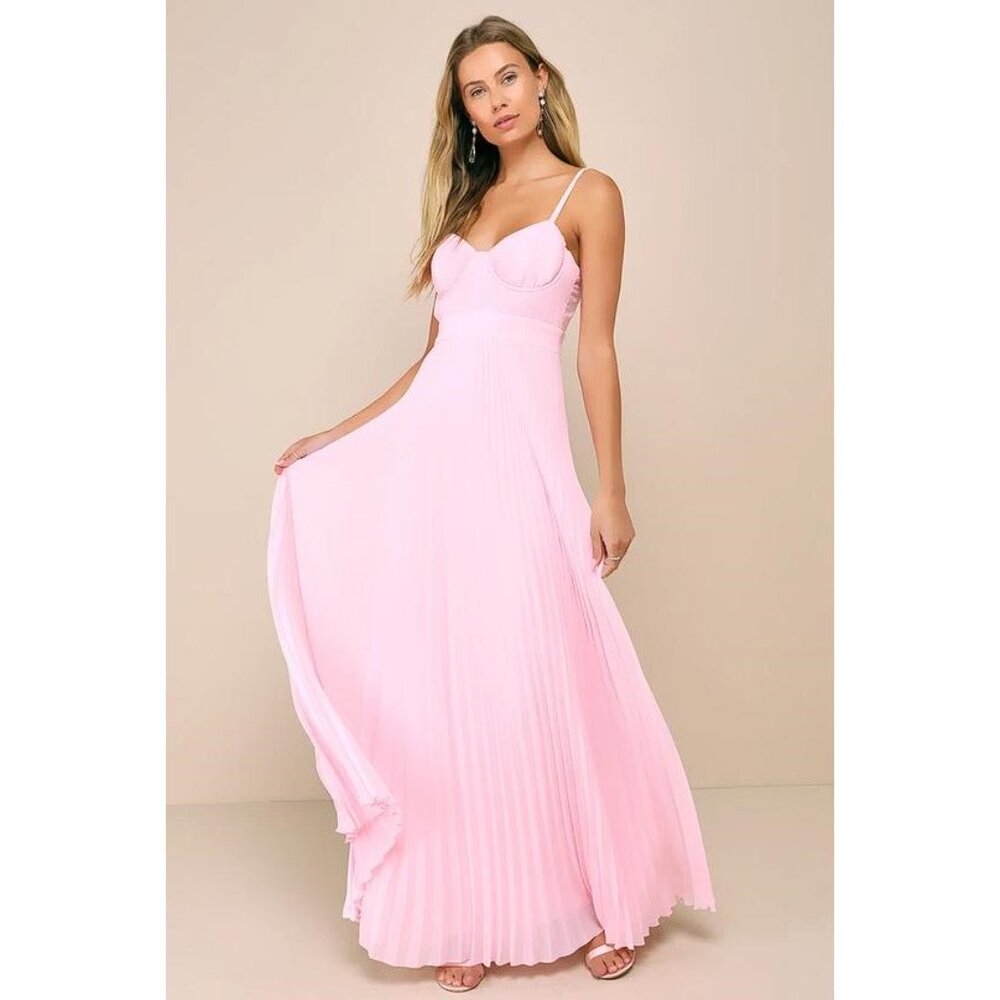LULUS Women's Certainly Lovely Light Pink Pleated Bustier Maxi Dress Size XL
